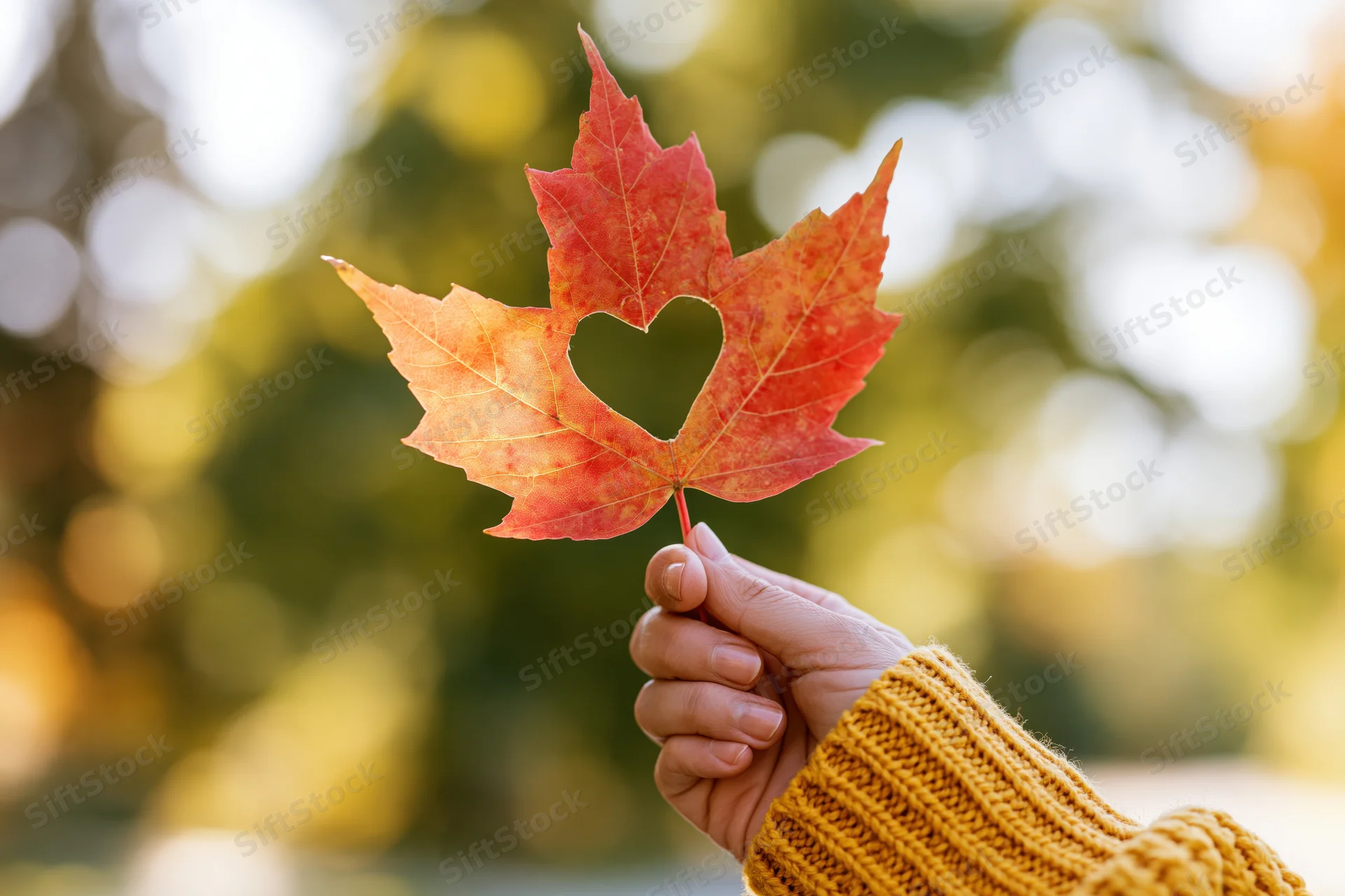 Hand holding a maple leaf with heart cutout in autumn setting