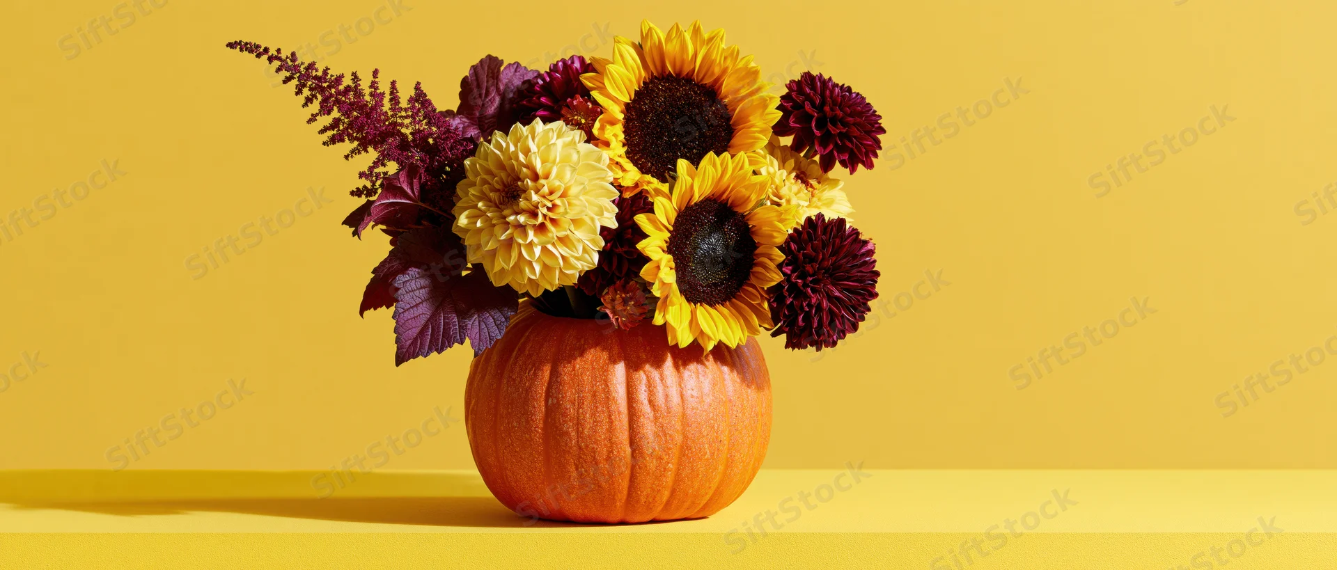 Hollowed orange pumpkin used as vase holding autumn flowers on yellow surface