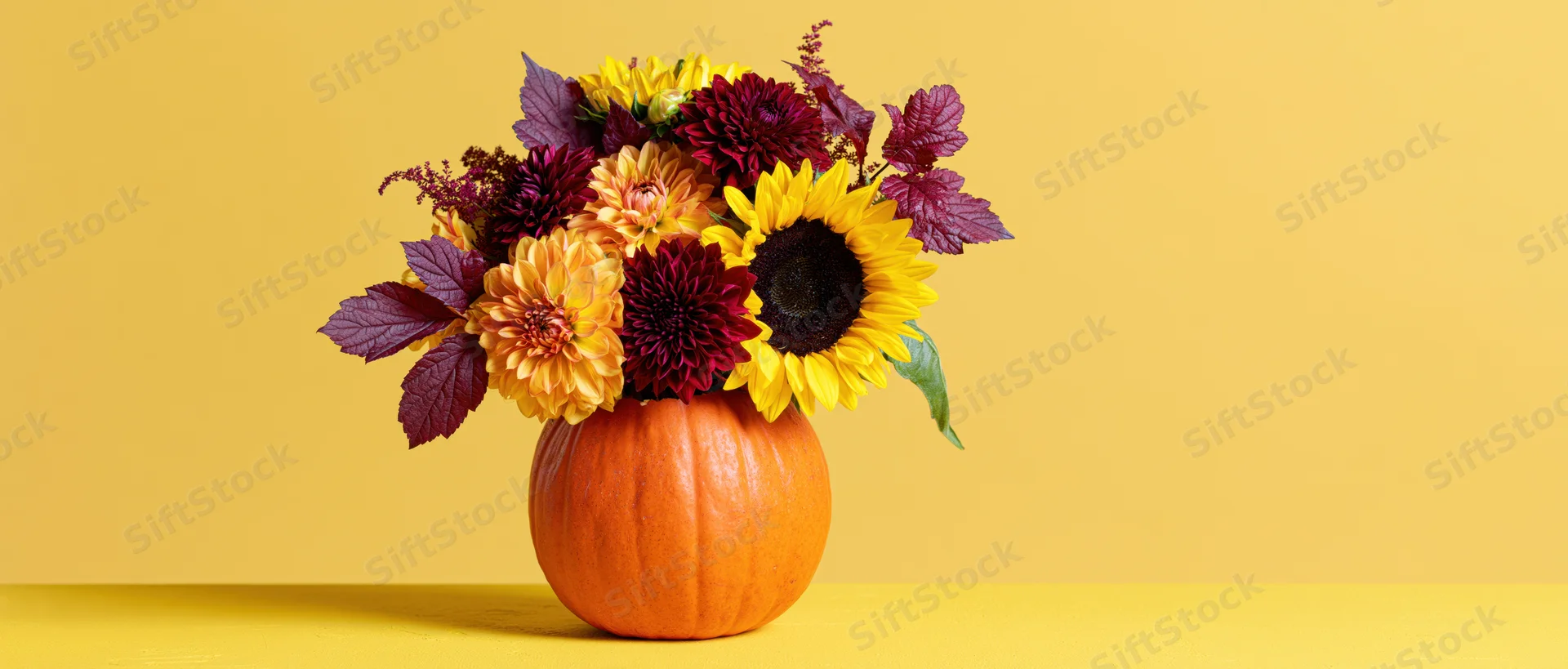 Hollowed orange pumpkin used as vase holding autumn flowers on yellow surface