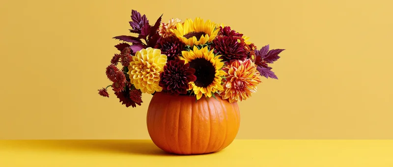 Hollowed orange pumpkin holding autumn flowers as centerpiece on yellow surface