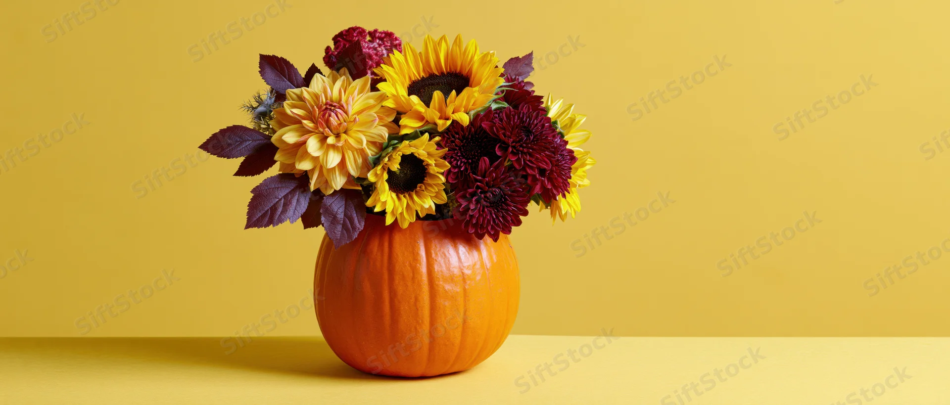 Hollowed orange pumpkin holding autumn flowers as centerpiece on yellow surface