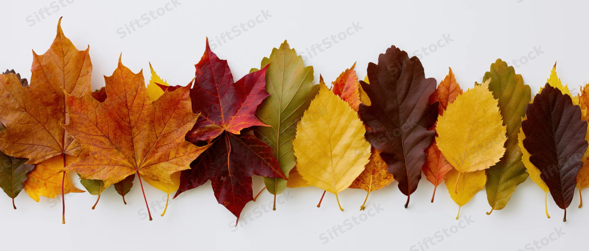 Horizontal row of autumn leaves arranged flat on white background