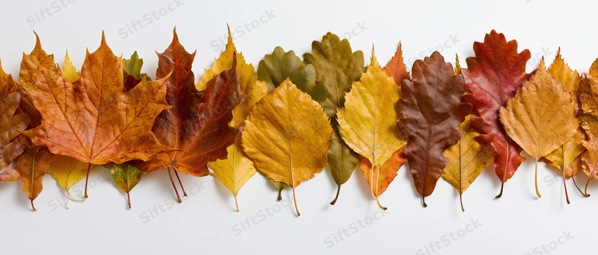 Horizontal row of fallen autumn leaves arranged flat on white surface