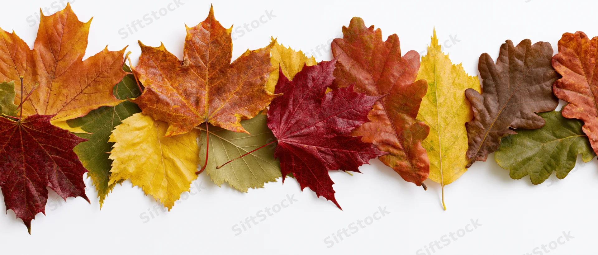 Horizontal row of colorful autumn leaves arranged flat on white background