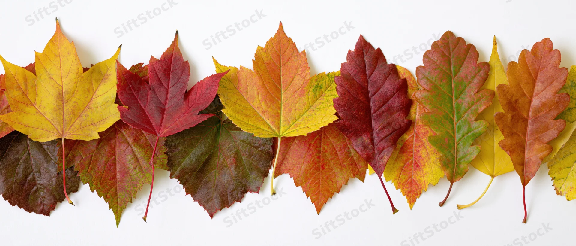 Horizontal row of mixed autumn leaves arranged flat on white background