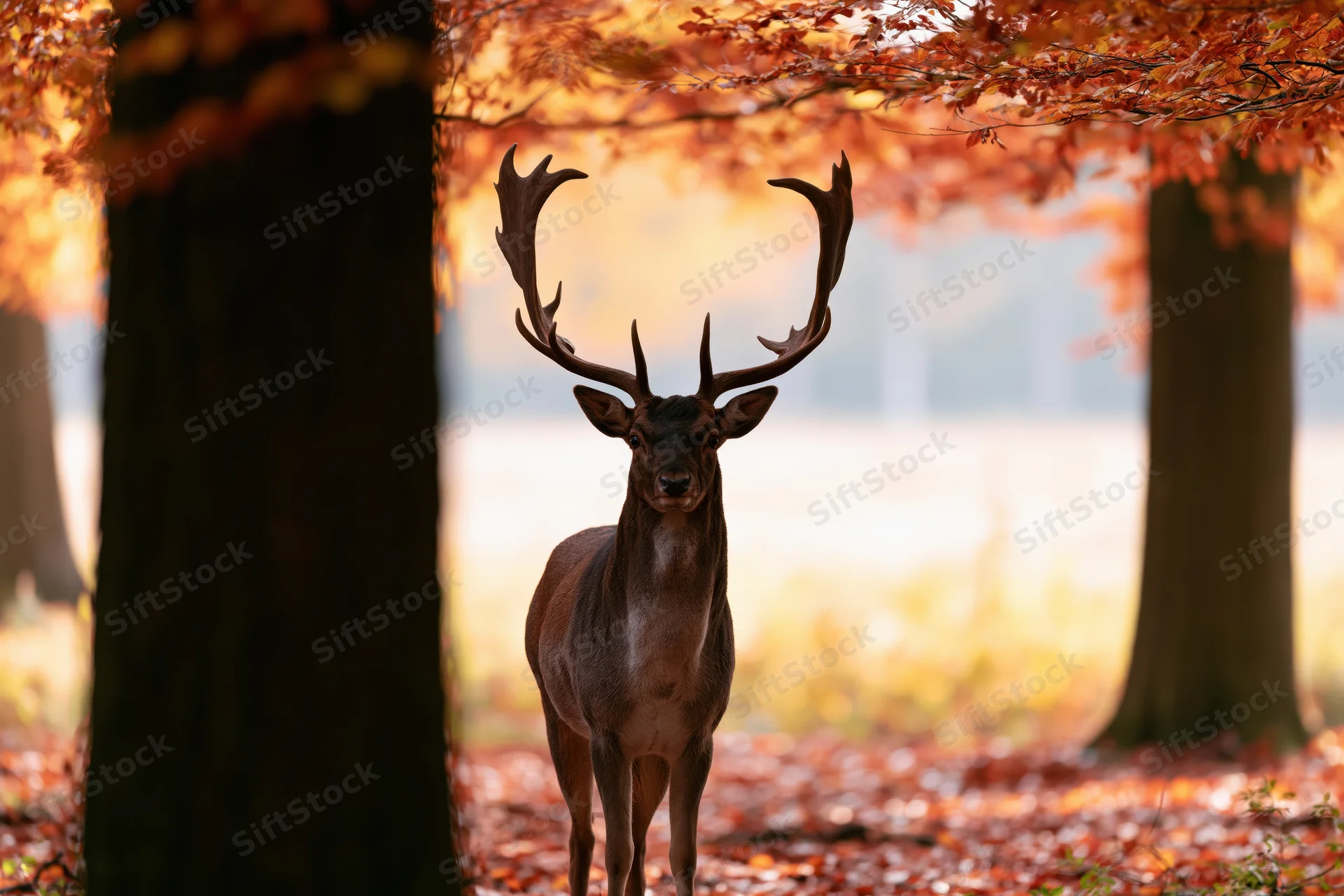 Male fallow deer standing alert in autumn forest with orange foliage and sunlight filtering through trees