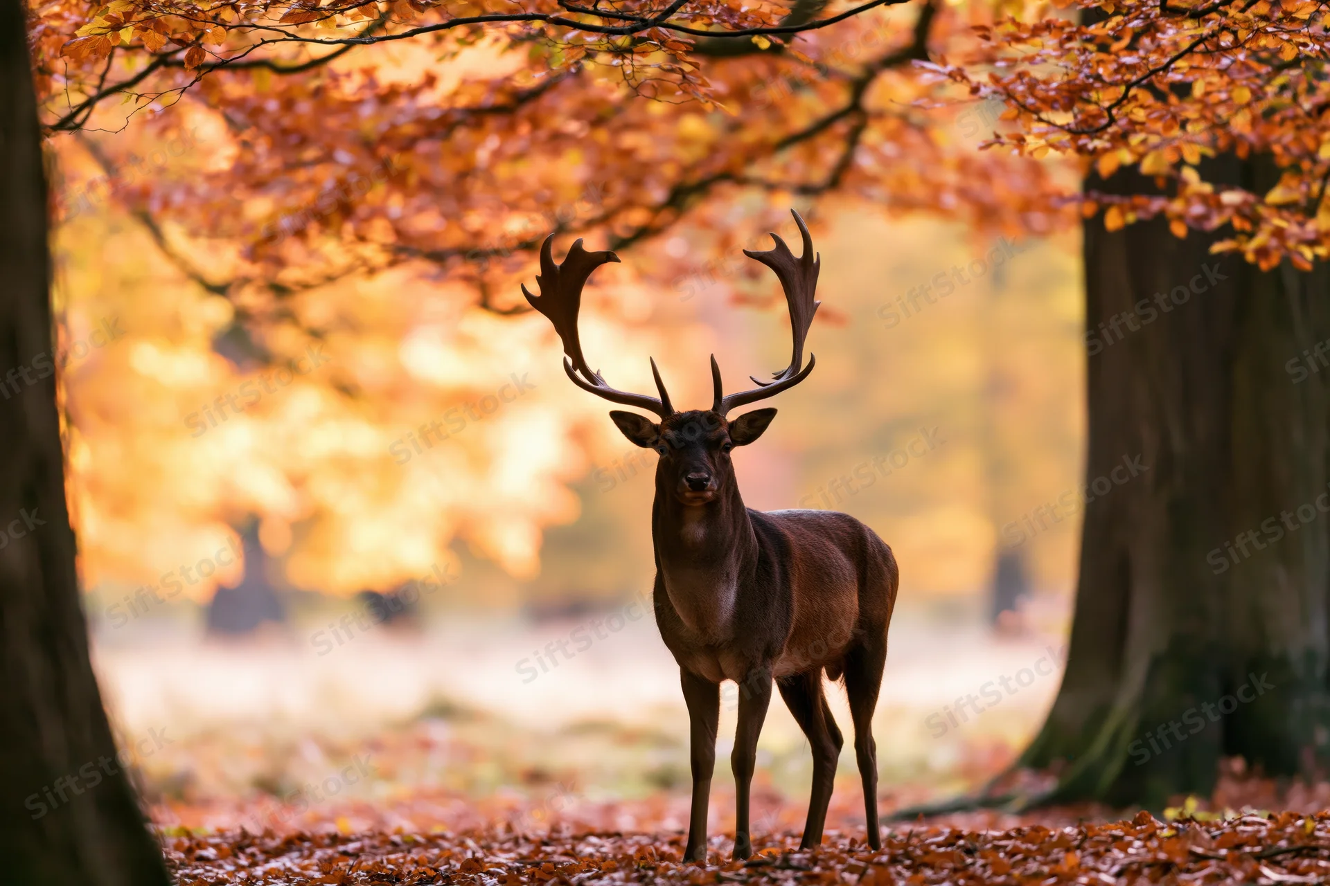 Male fallow deer standing alert in autumn forest with golden foliage overhead