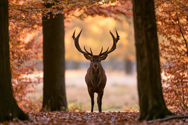 Male fallow deer standing alert facing camera in autumn forest with fallen leaves and trees framing the scene