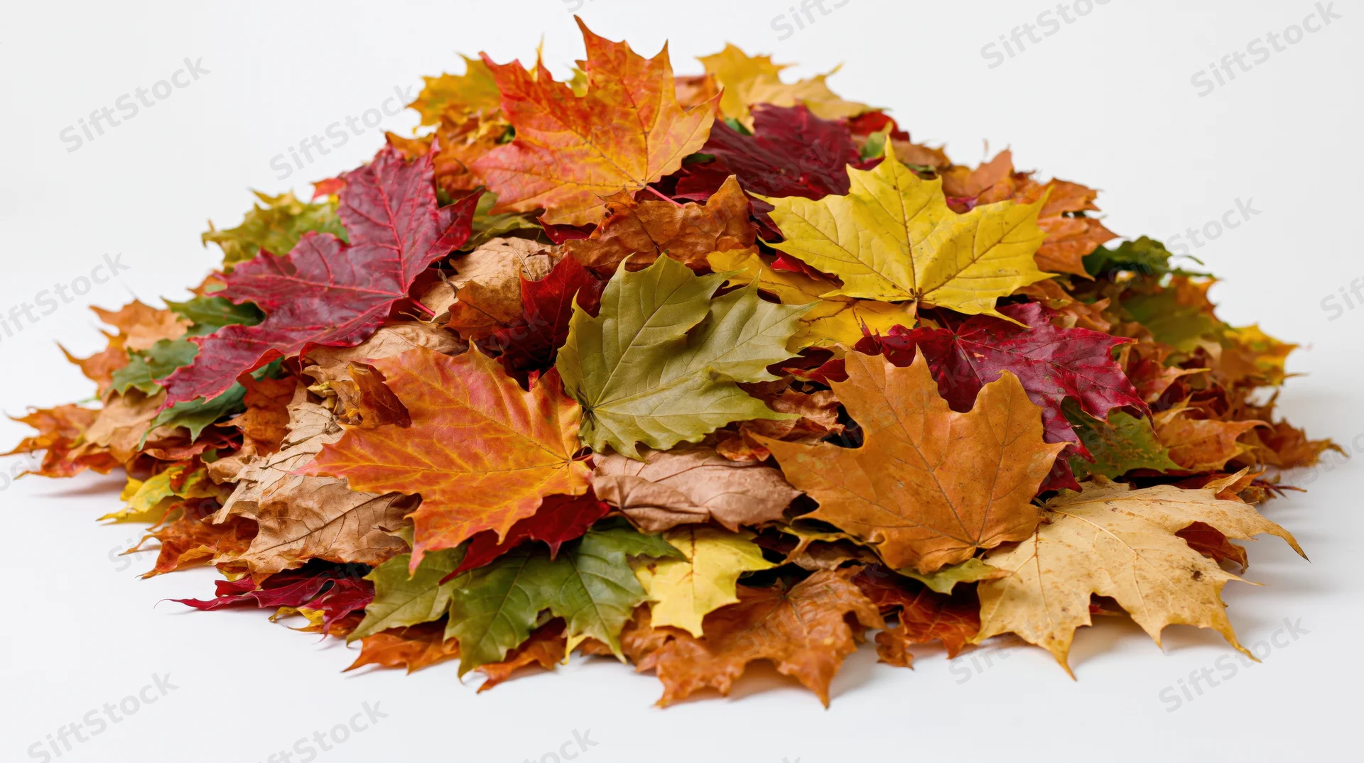 Mounded pile of colorful autumn maple leaves on white background