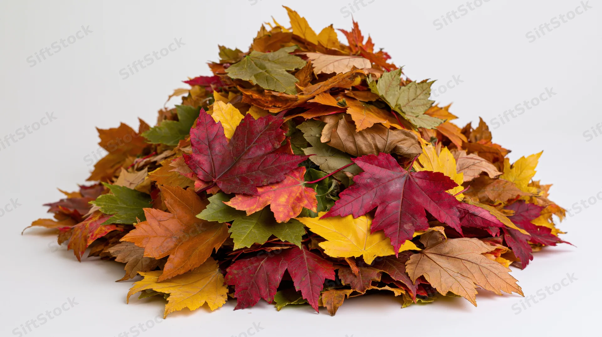 A mound of colorful autumn maple leaves piled together on a white background
