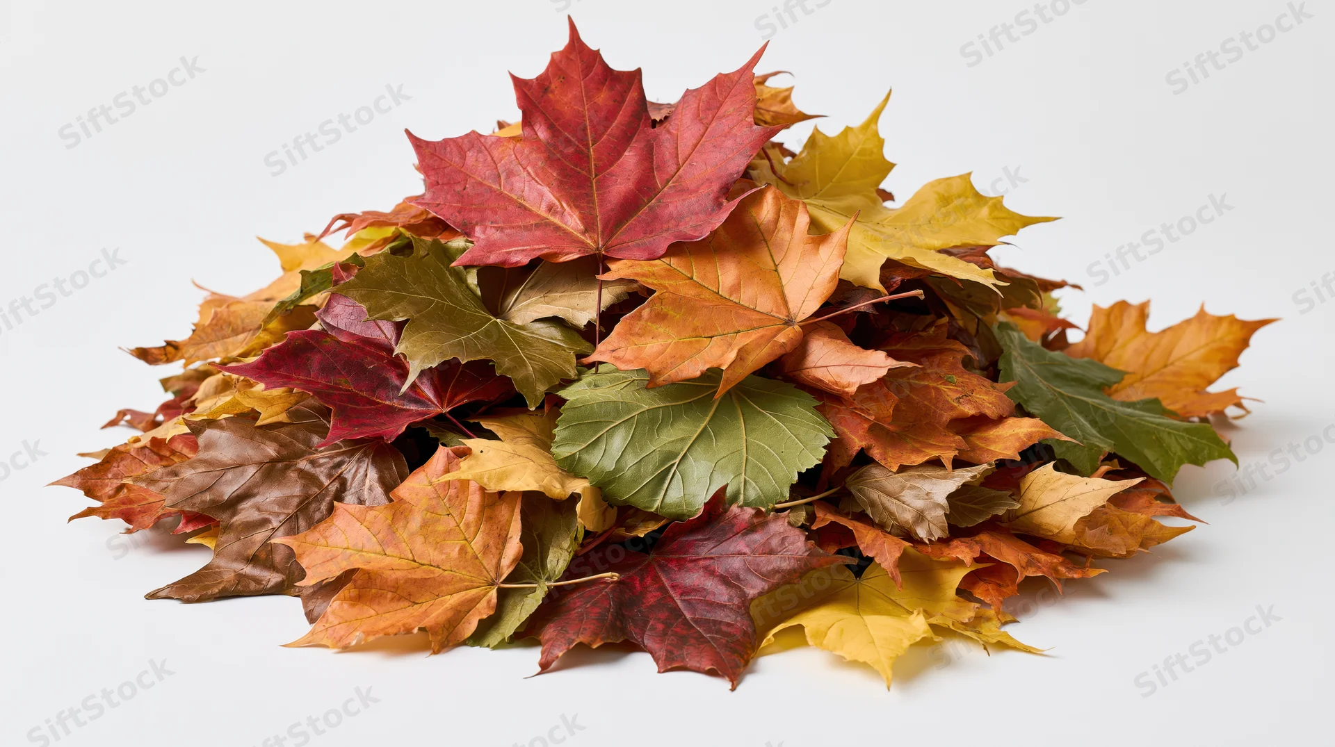 A mound of fallen maple leaves in autumn colors on a white background