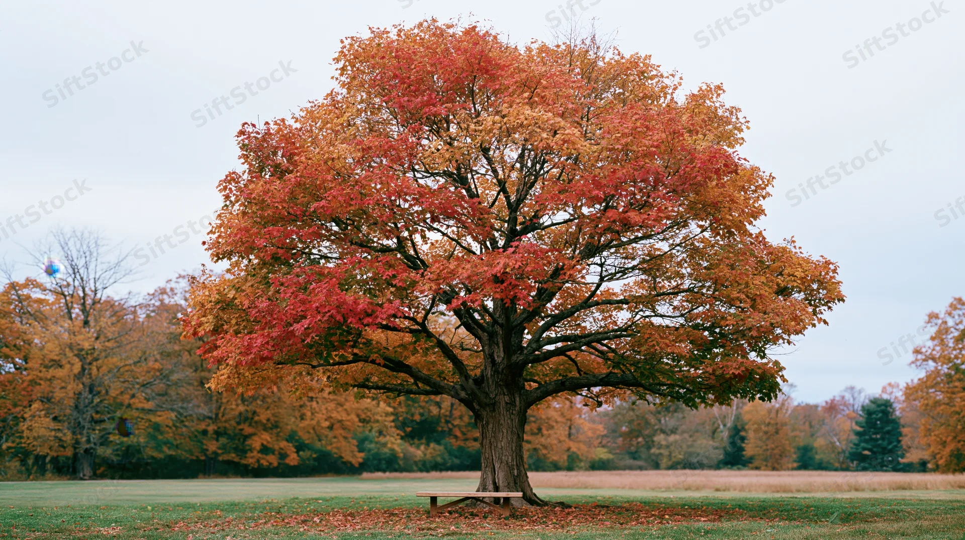 Large old maple tree with broad canopy in peak autumn color standing in a grassy park field with a bench at its base