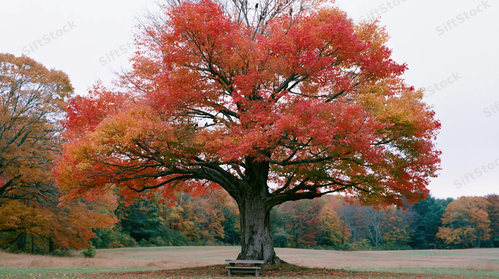 Large old maple tree with vibrant red and orange autumn foliage in a park field