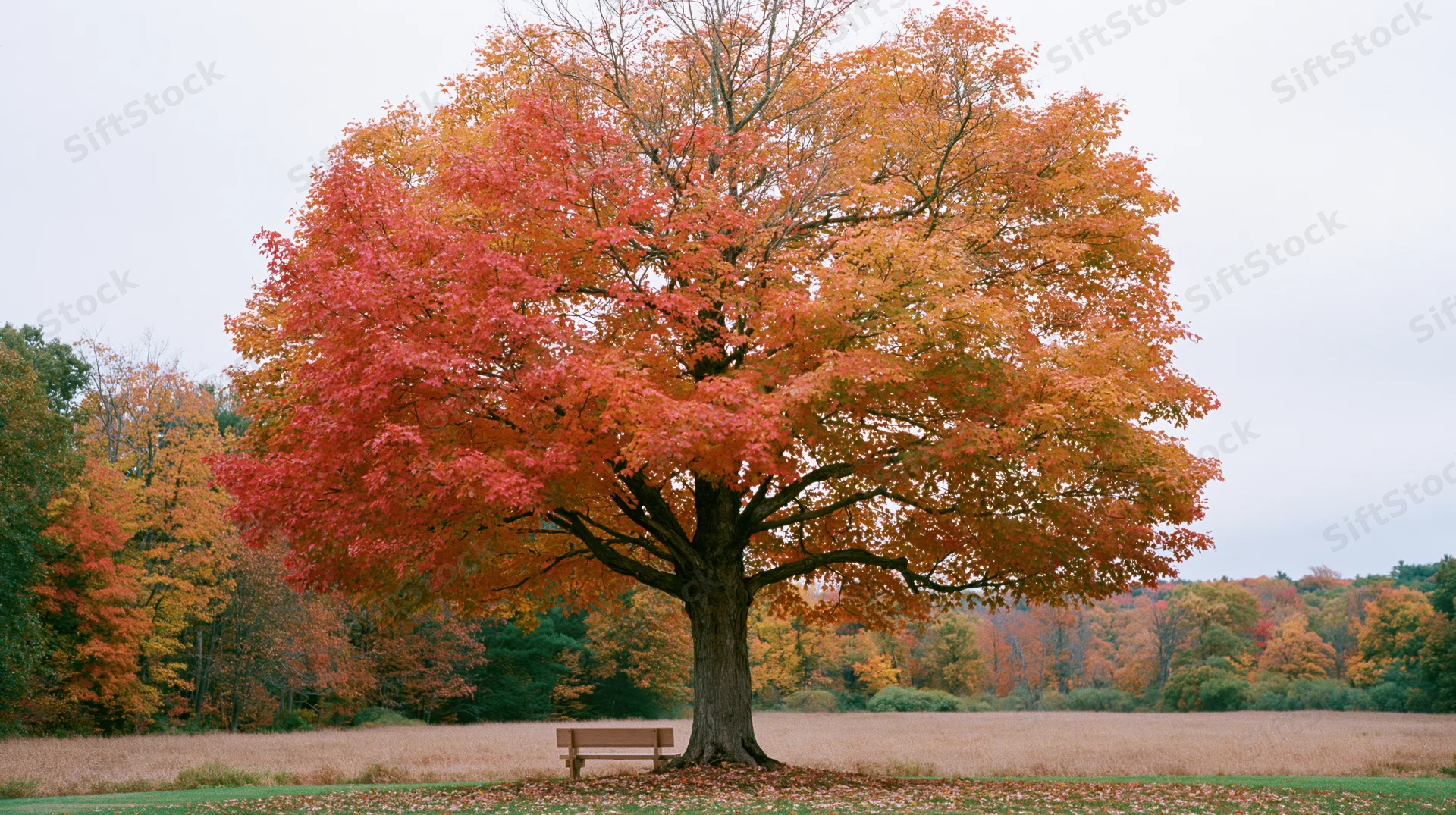Large old maple tree with vibrant red and orange autumn foliage in a park field with a bench beneath it