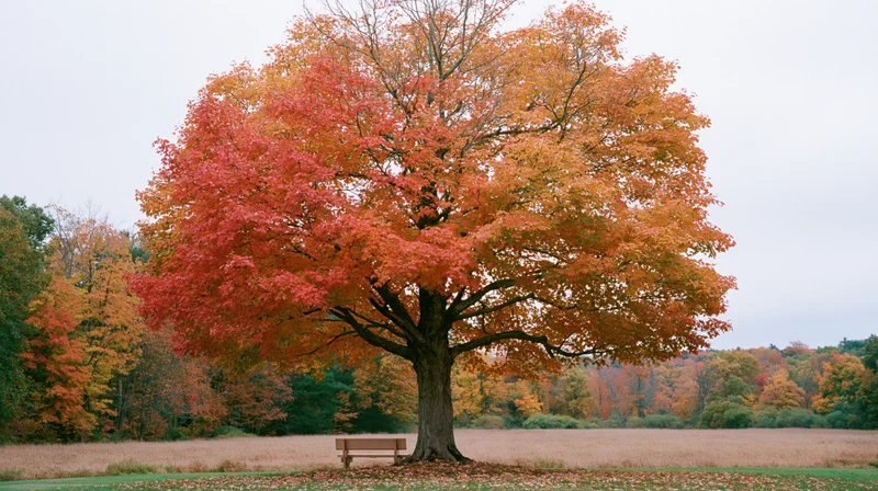 Large old maple tree with vibrant red and orange autumn foliage in a park field with a bench beneath it