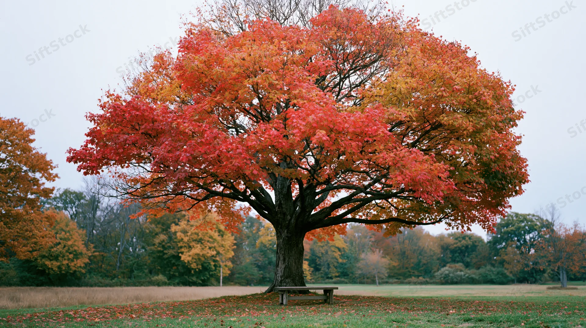 Large maple tree with vibrant red and orange autumn foliage in a park field, bench at base