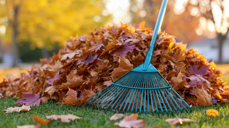 Teal rake resting in a pile of raked autumn leaves on a suburban lawn