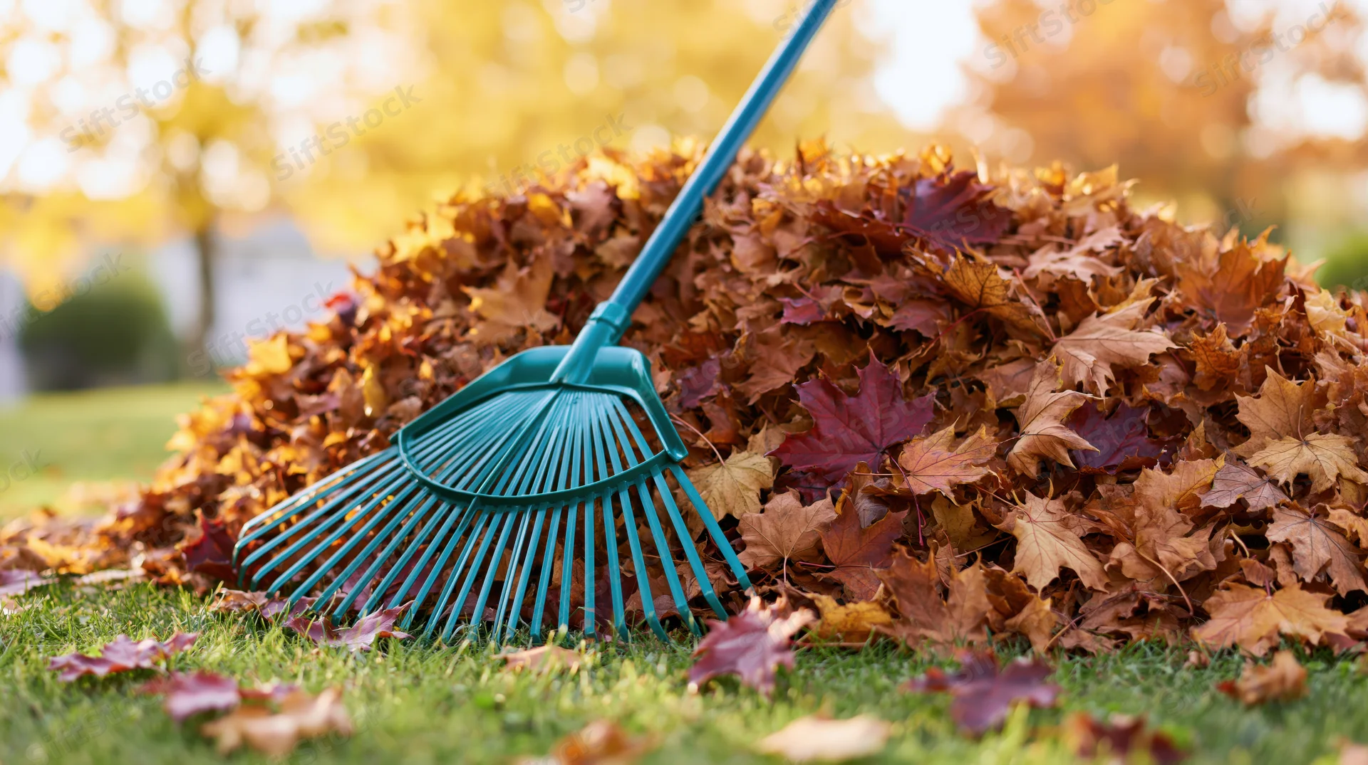 Teal rake resting in a pile of autumn leaves on a suburban lawn