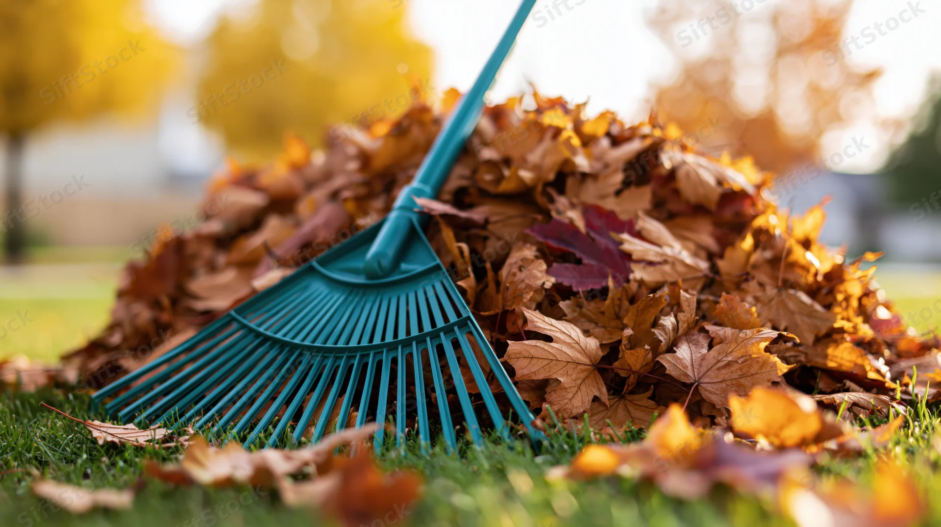 Teal rake resting on a pile of raked autumn leaves in a suburban park grassy area