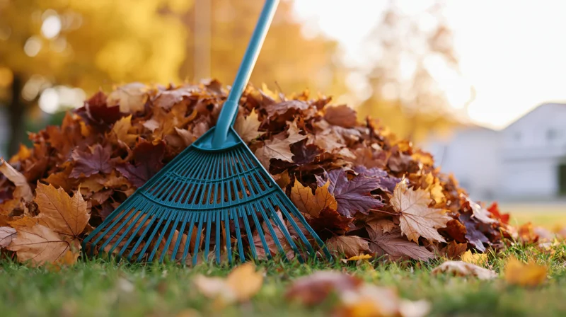 Teal rake resting in a pile of raked autumn leaves on a suburban lawn