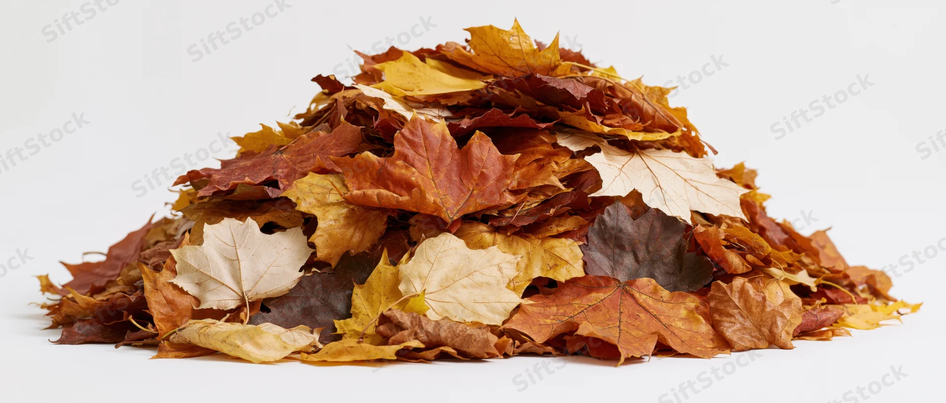 A heap of dried autumn leaves piled on a white surface