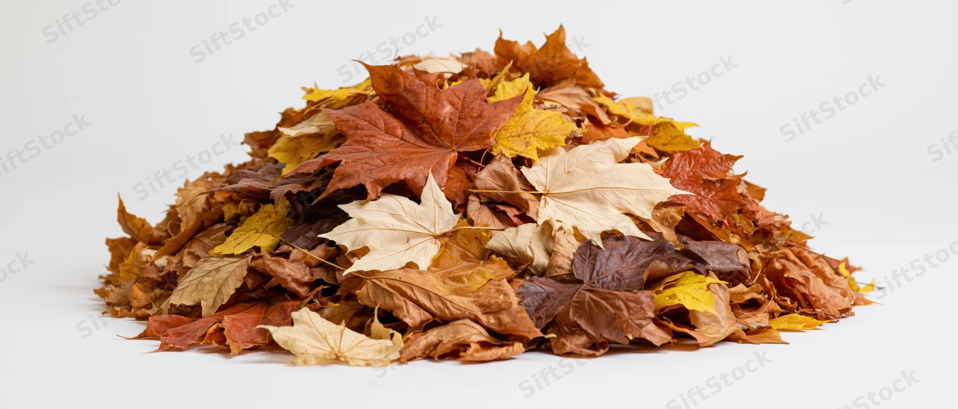 A pile of dried autumn maple leaves heaped on a white surface