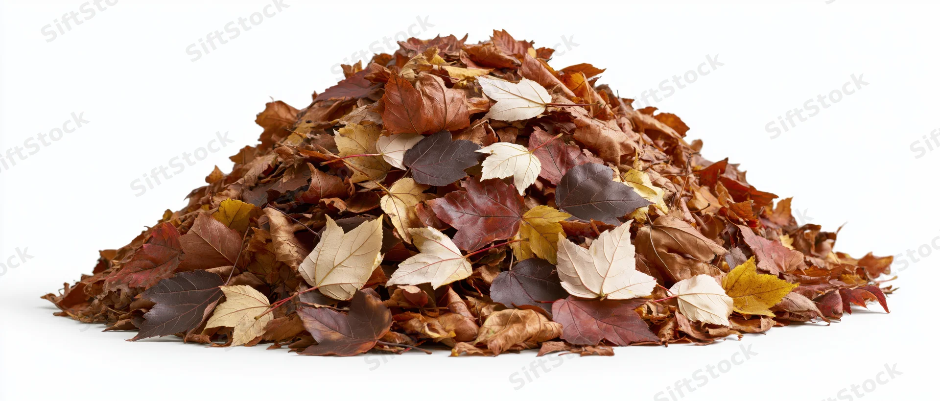 A large raked pile of fallen autumn maple leaves heaped into a low mound on a white background