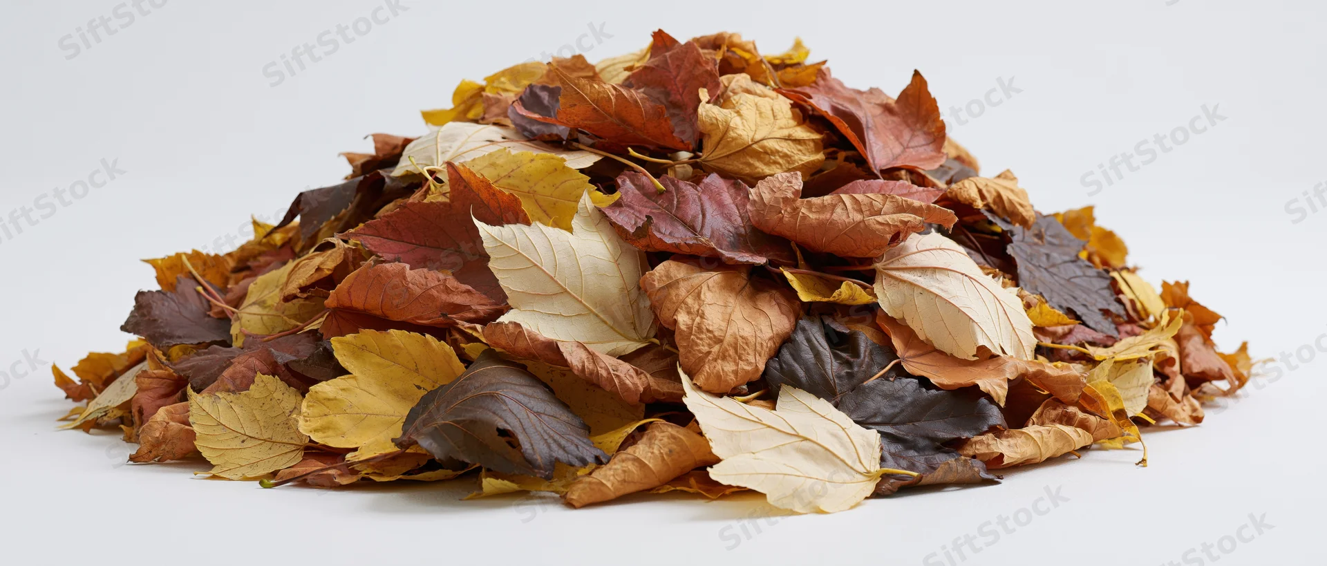 A large pile of raked autumn leaves heaped on a white surface