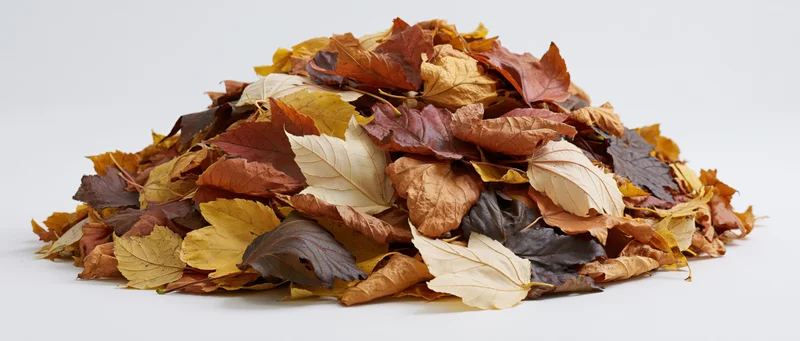 A large pile of raked autumn leaves heaped on a white surface