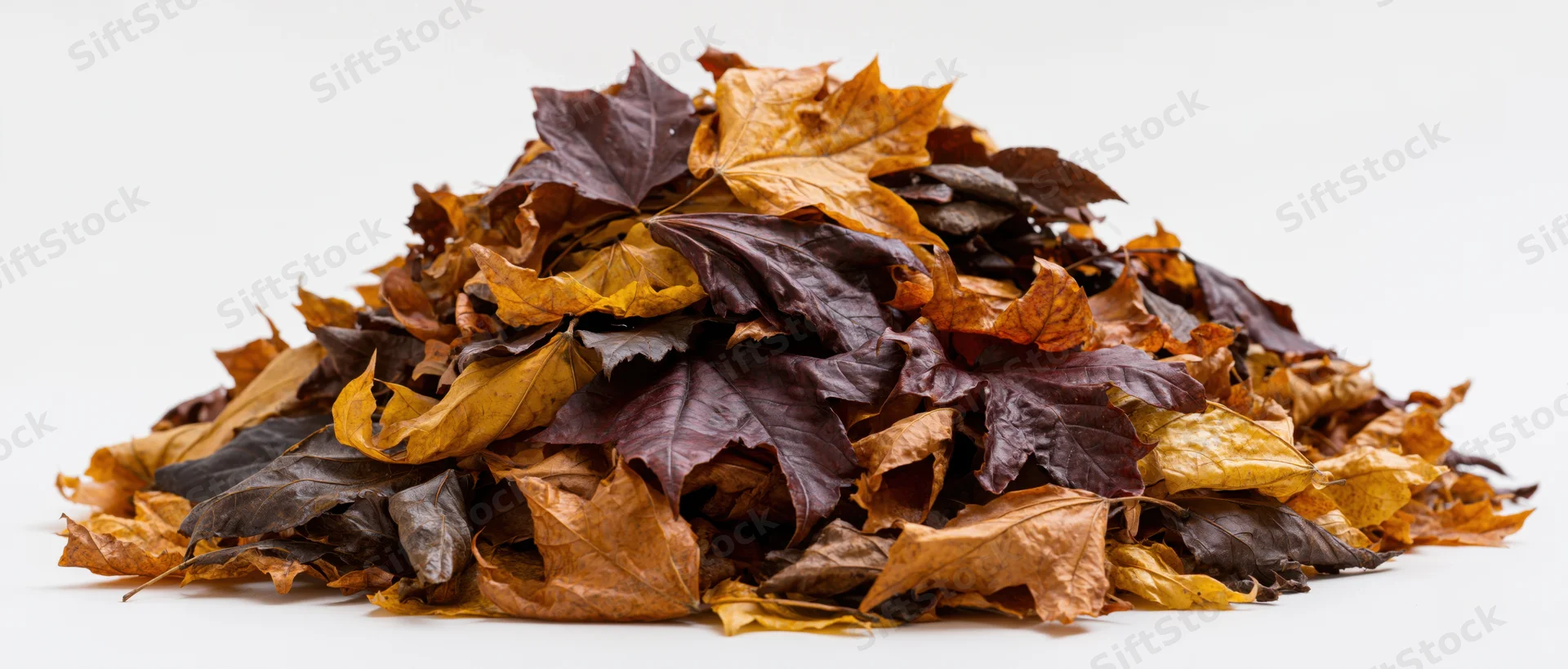 A mound of dried autumn leaves piled low on a white surface