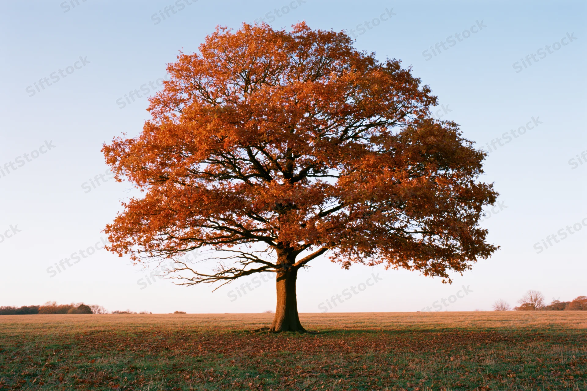 Solitary oak tree with full autumn foliage standing in an open field under a clear sky