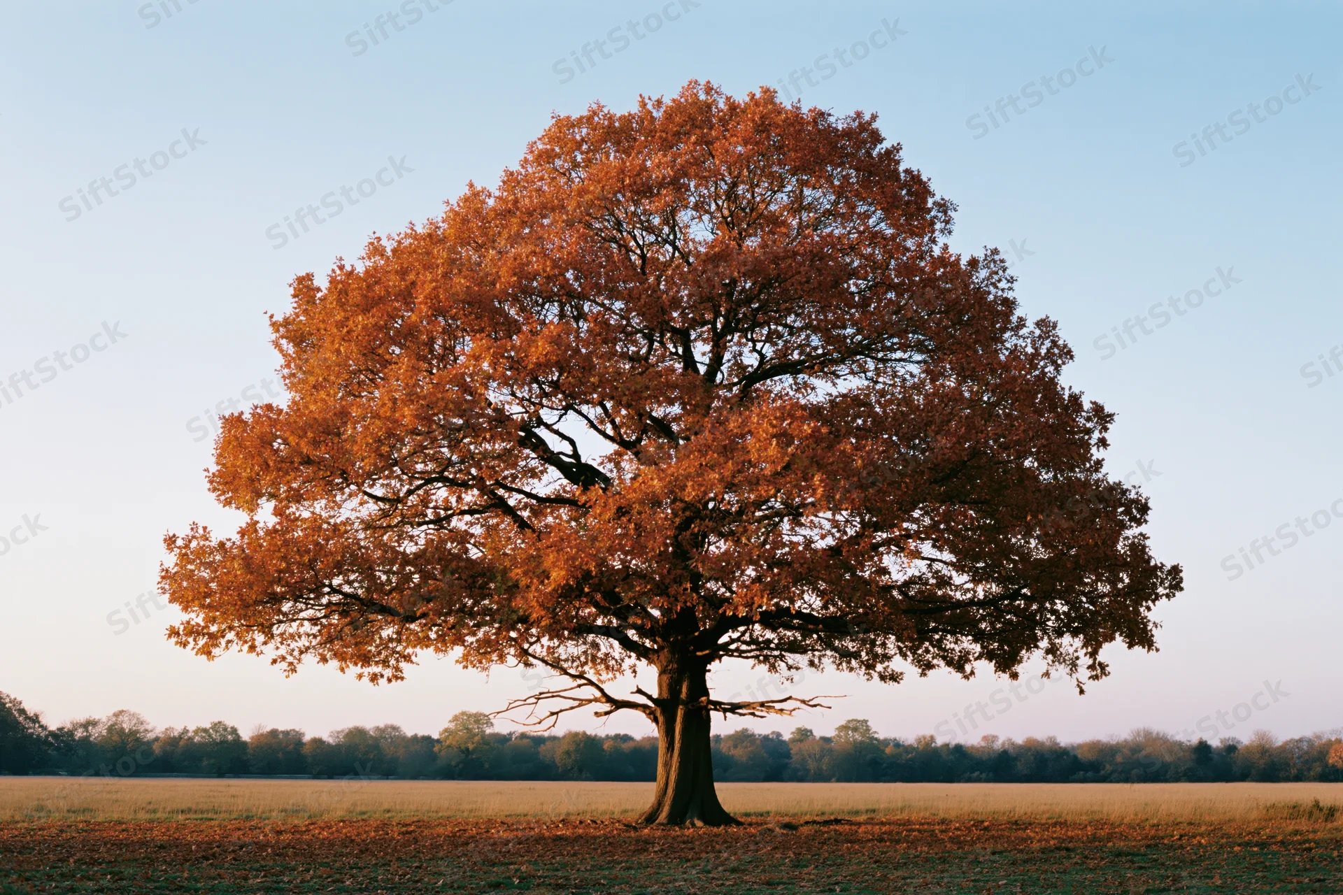 Solitary oak tree with full autumn foliage standing in an open field under a clear sky