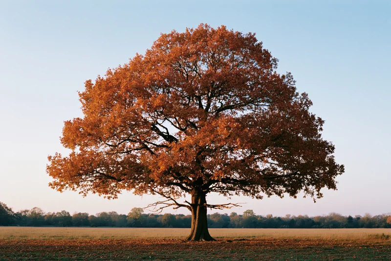 Solitary oak tree with full autumn foliage standing in an open field under a clear sky