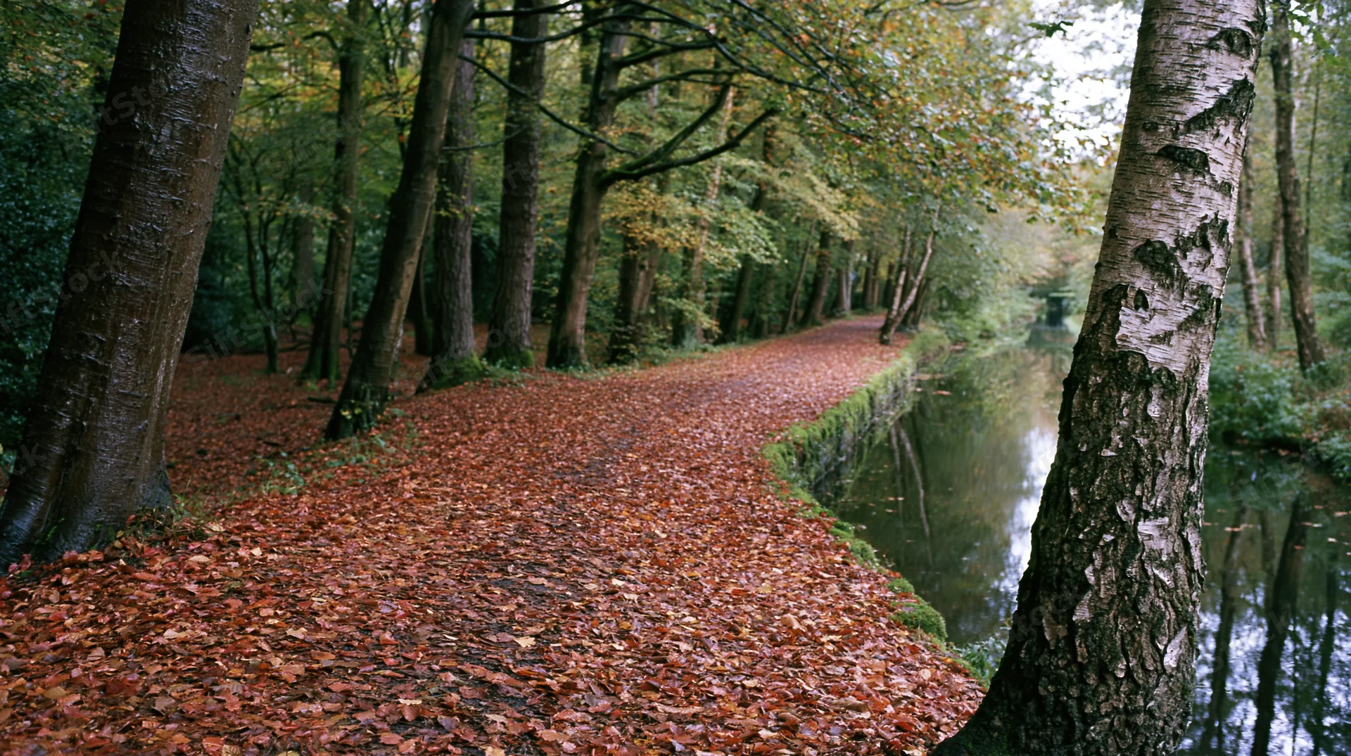 Leaf-covered path winding through autumn forest alongside a calm canal