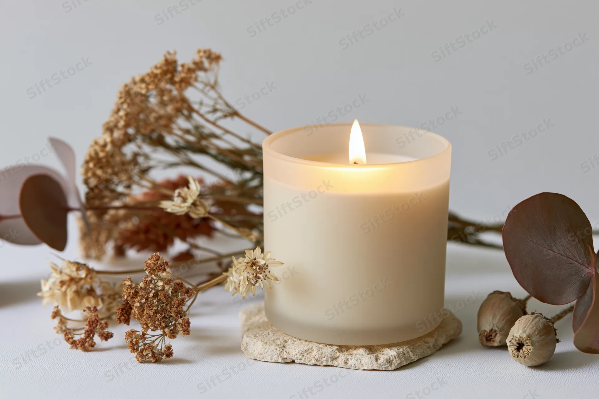 Lit cream soy candle in frosted glass jar on stone coaster with dried flowers and seedpods on white surface