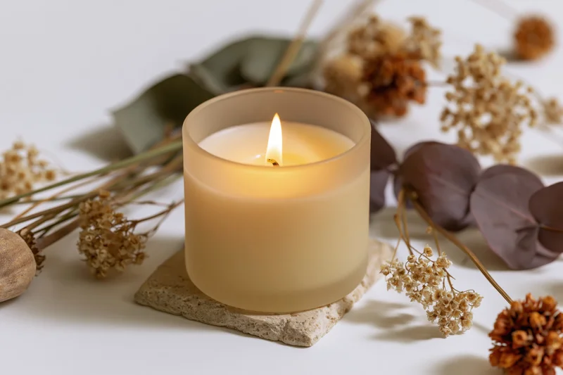 Lit cream soy candle in frosted glass jar on stone coaster surrounded by dried flowers and leaves