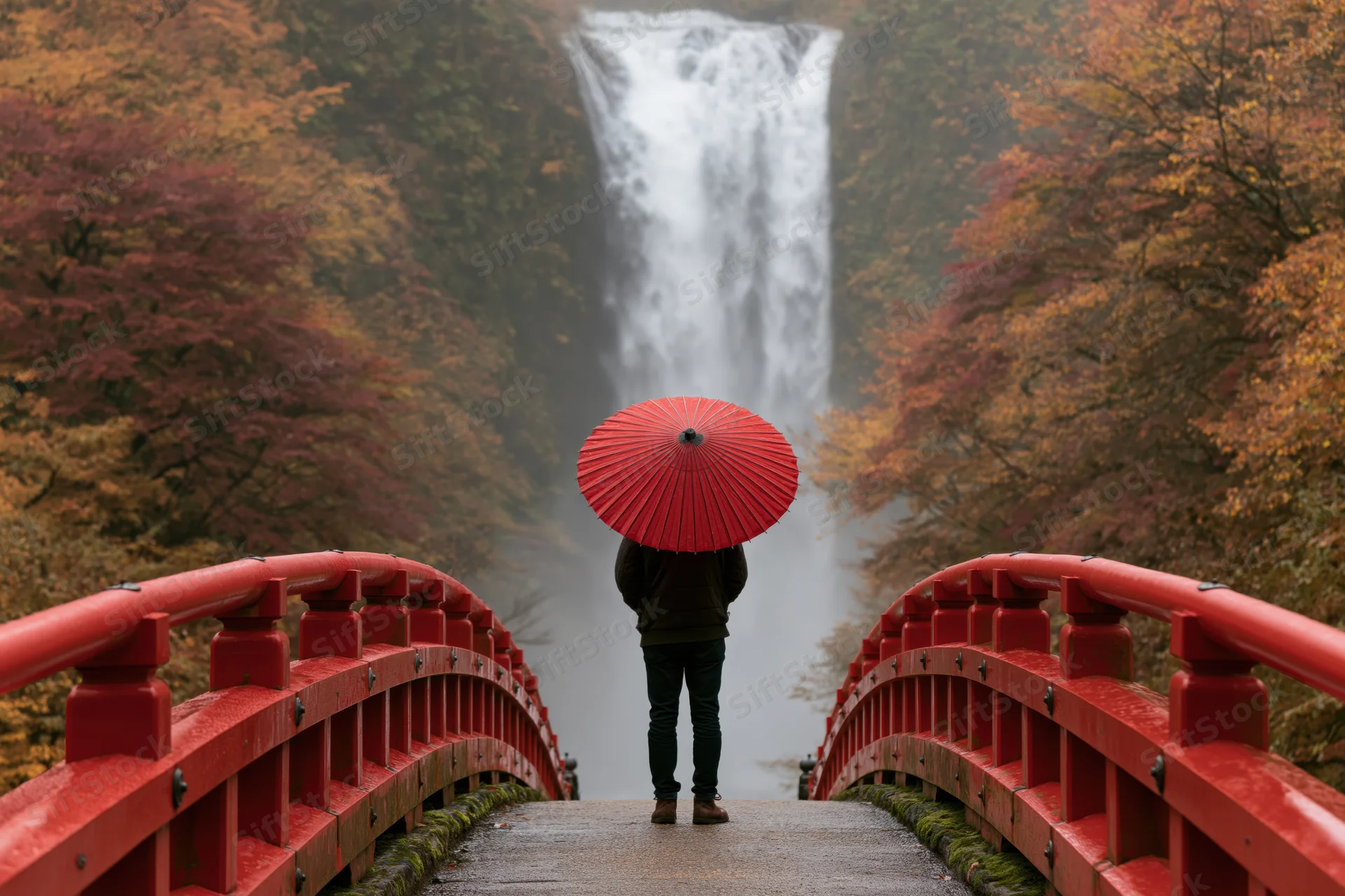 Person holding red umbrella standing on red arched bridge facing waterfall surrounded by autumn foliage