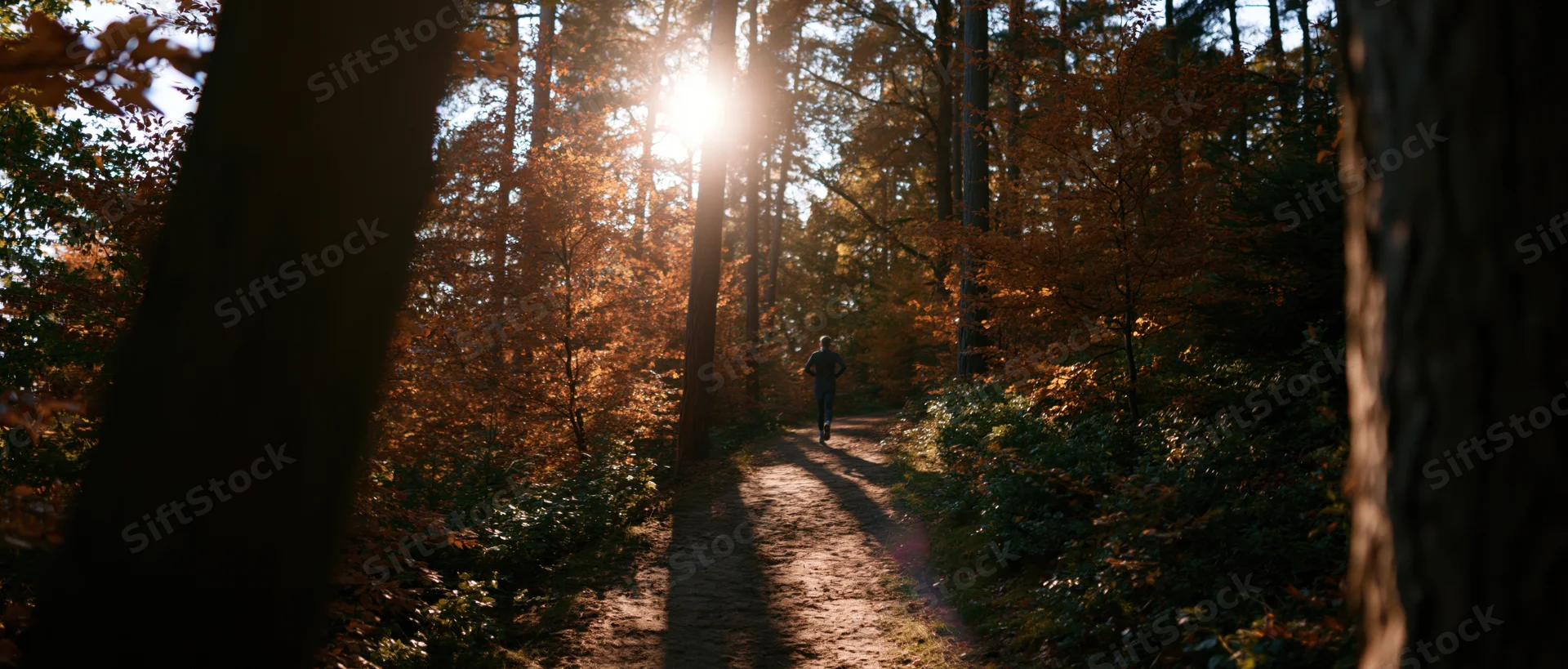 Runner jogging away on a forest path in autumn sunlight