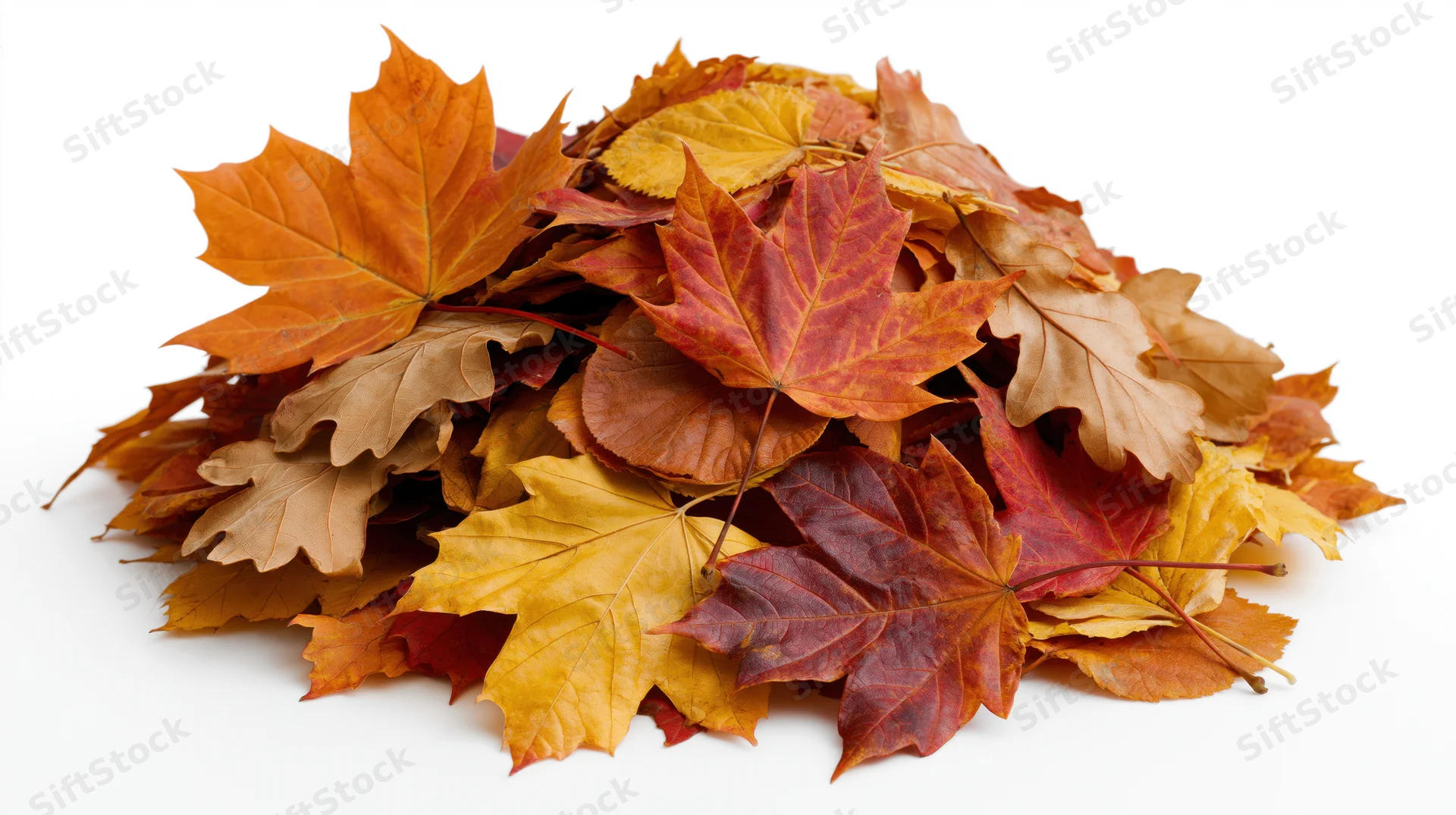 A pile of fallen maple leaves in autumn colors isolated on white