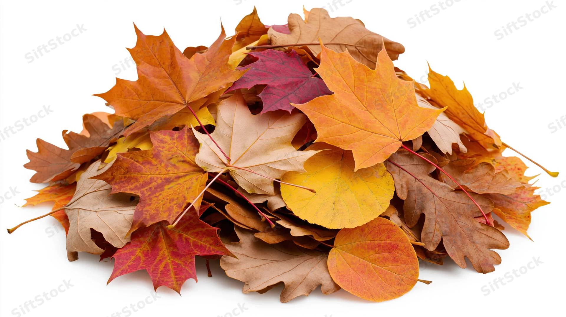 A pile of fallen autumn leaves heaped together on a white background