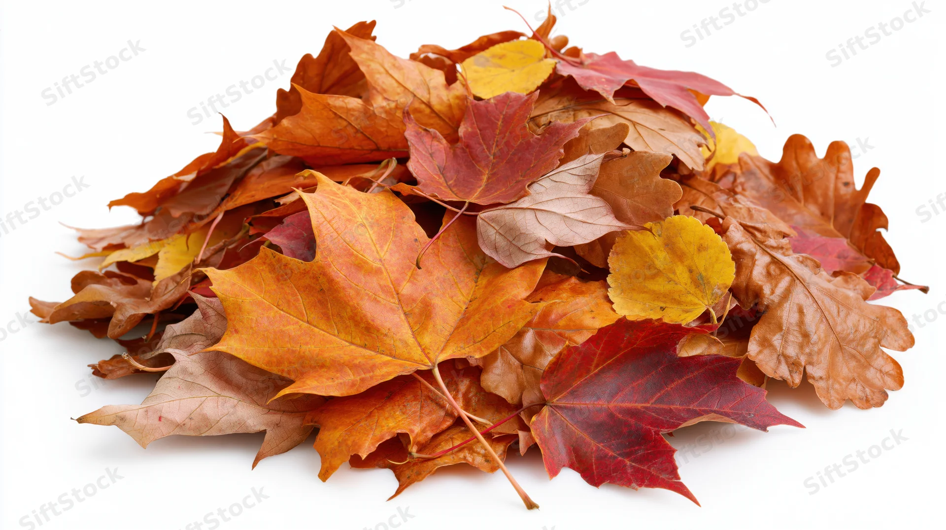 A pile of fallen autumn leaves heaped together on a white background