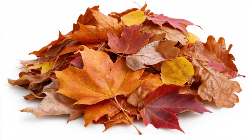A pile of fallen autumn leaves heaped together on a white background