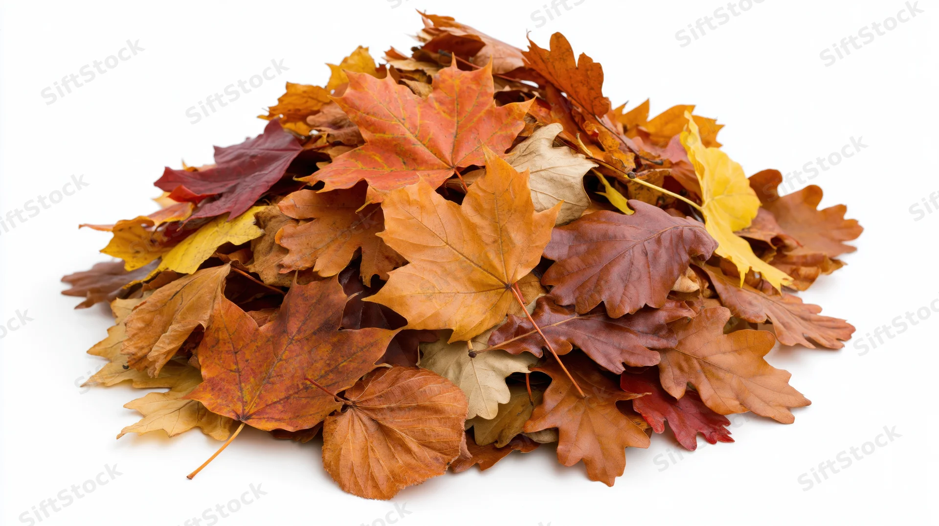 A pile of fallen autumn leaves heaped together on a white background
