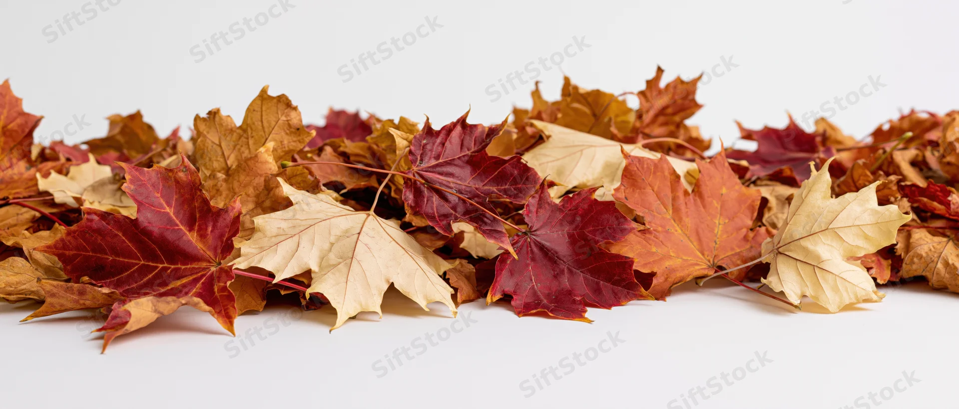 A pile of dried maple leaves arranged horizontally on a white surface