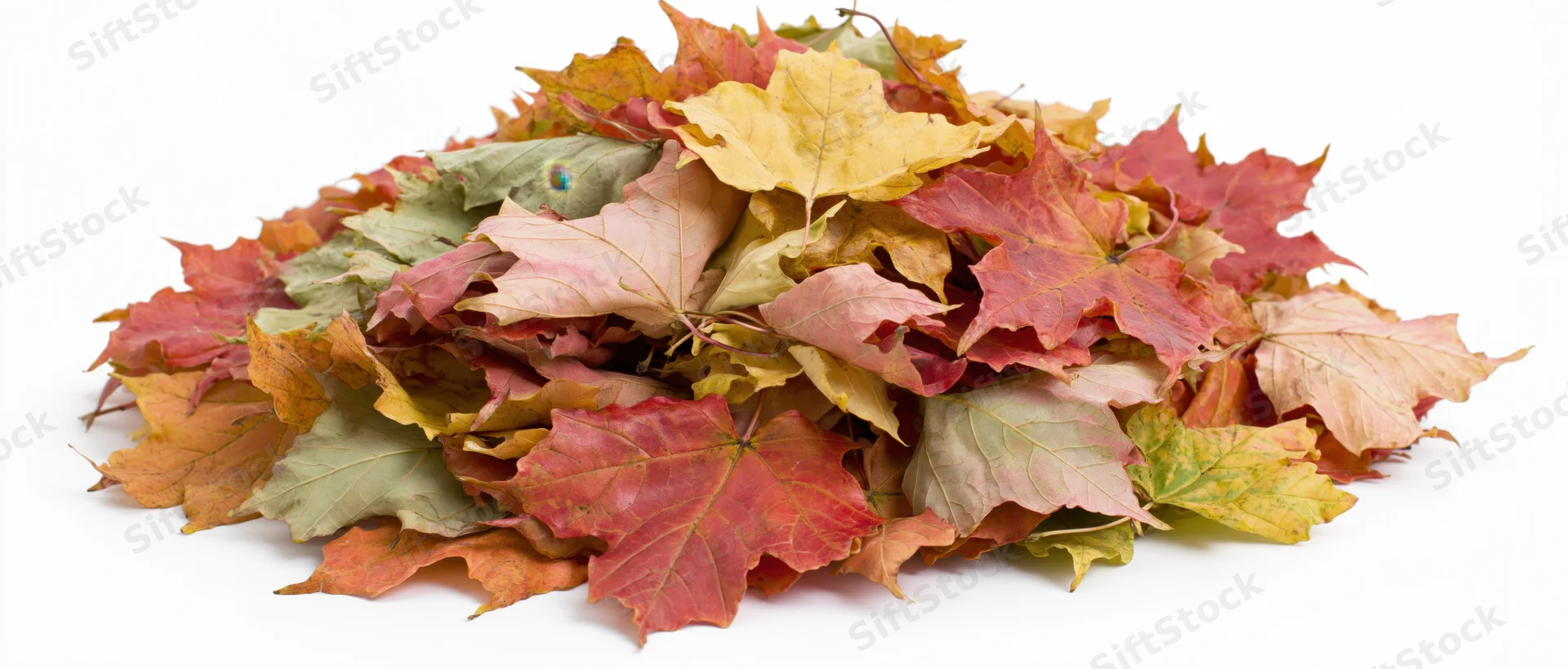 A pile of fallen autumn maple leaves heaped together on a white background
