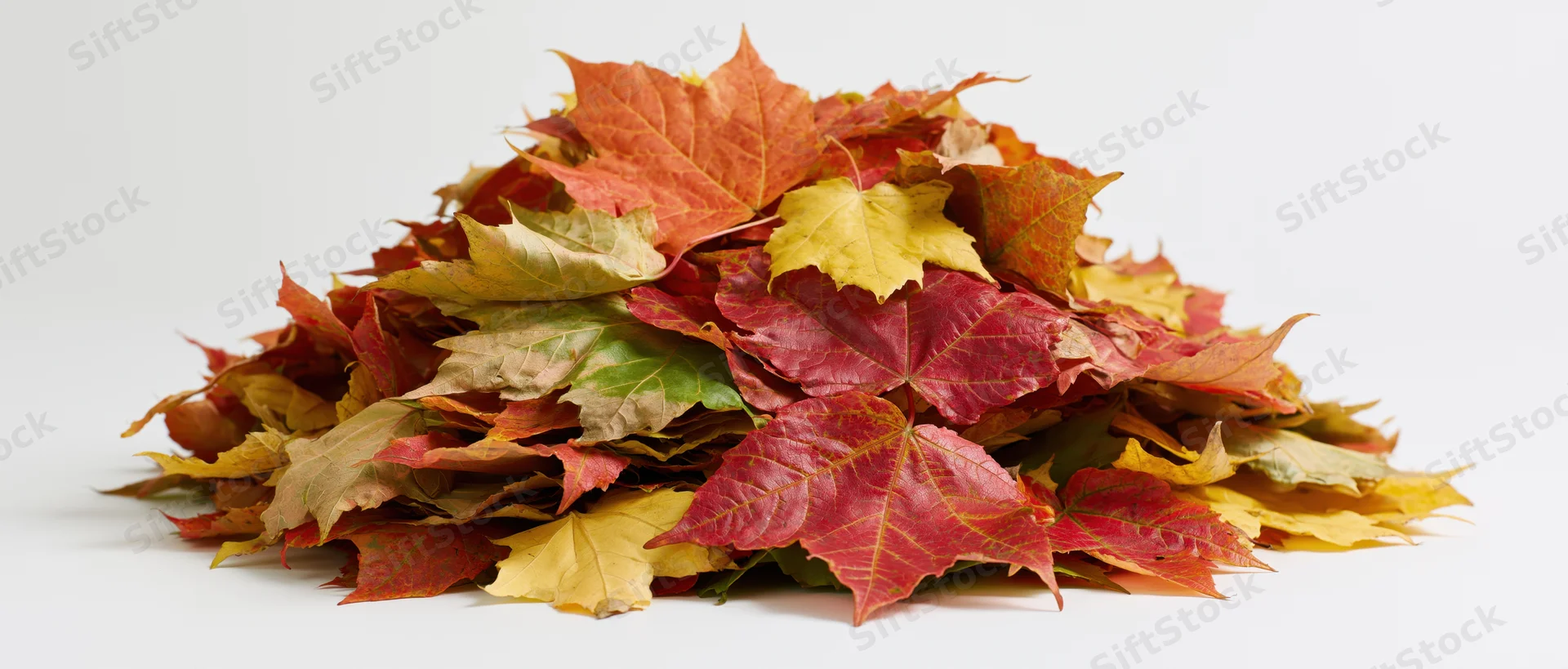 Pile of fallen autumn maple leaves heaped together on white background