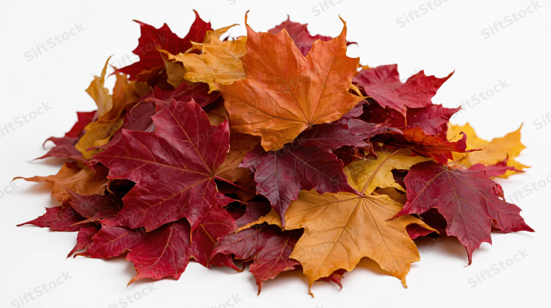 A pile of fallen maple leaves in autumn colors on a white background