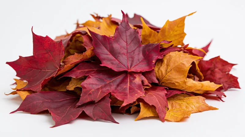 A pile of red and orange maple leaves heaped together on a white surface