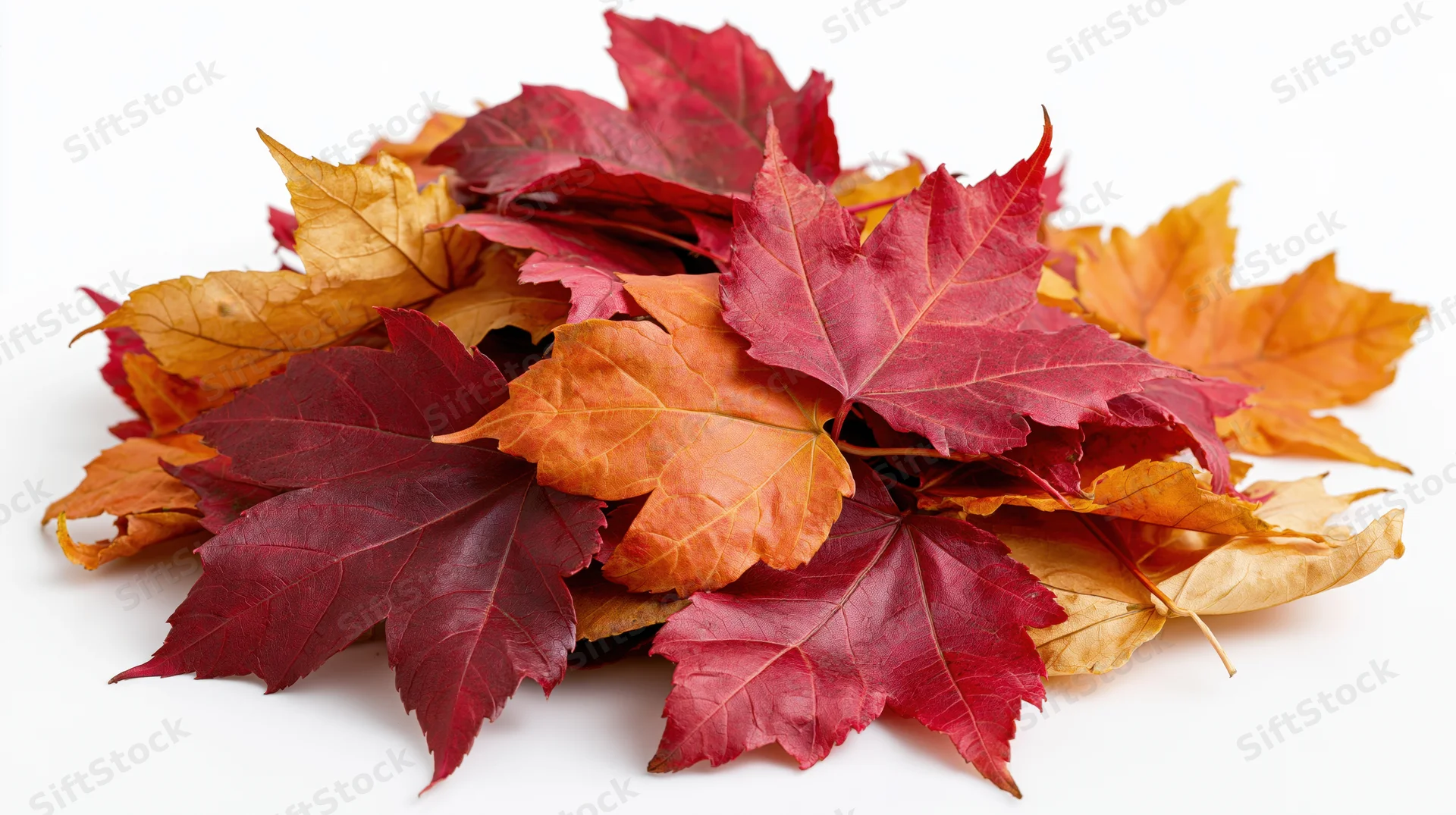 A pile of fallen maple leaves in autumn colors on a white background