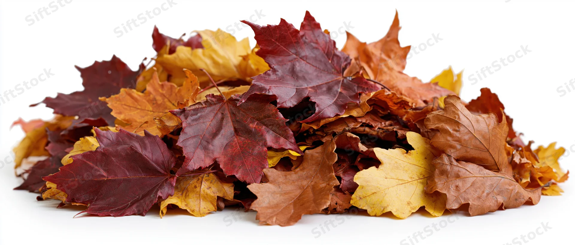 A pile of fallen autumn maple and oak leaves on a white background